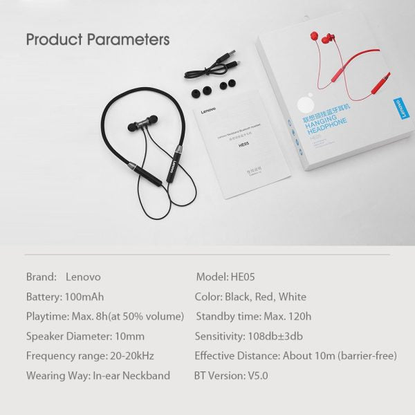 Lenovo He05 Wireless Bluetooth 5.0 Neckband Earbuds Sports Waterproof