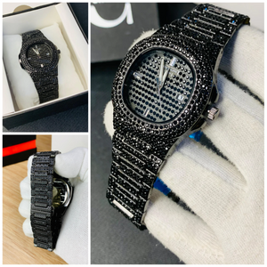 Blacked Iced Out Stainless Steel Chain Watch for Men – Stylish Fashion Watch with Date Display