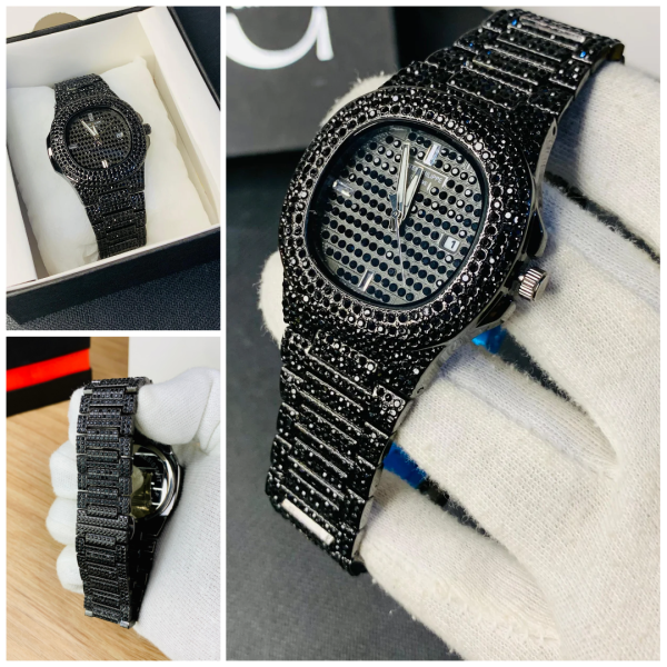 Blacked Iced Out Stainless Steel Chain Watch for Men – Stylish Fashion Watch with Date Display